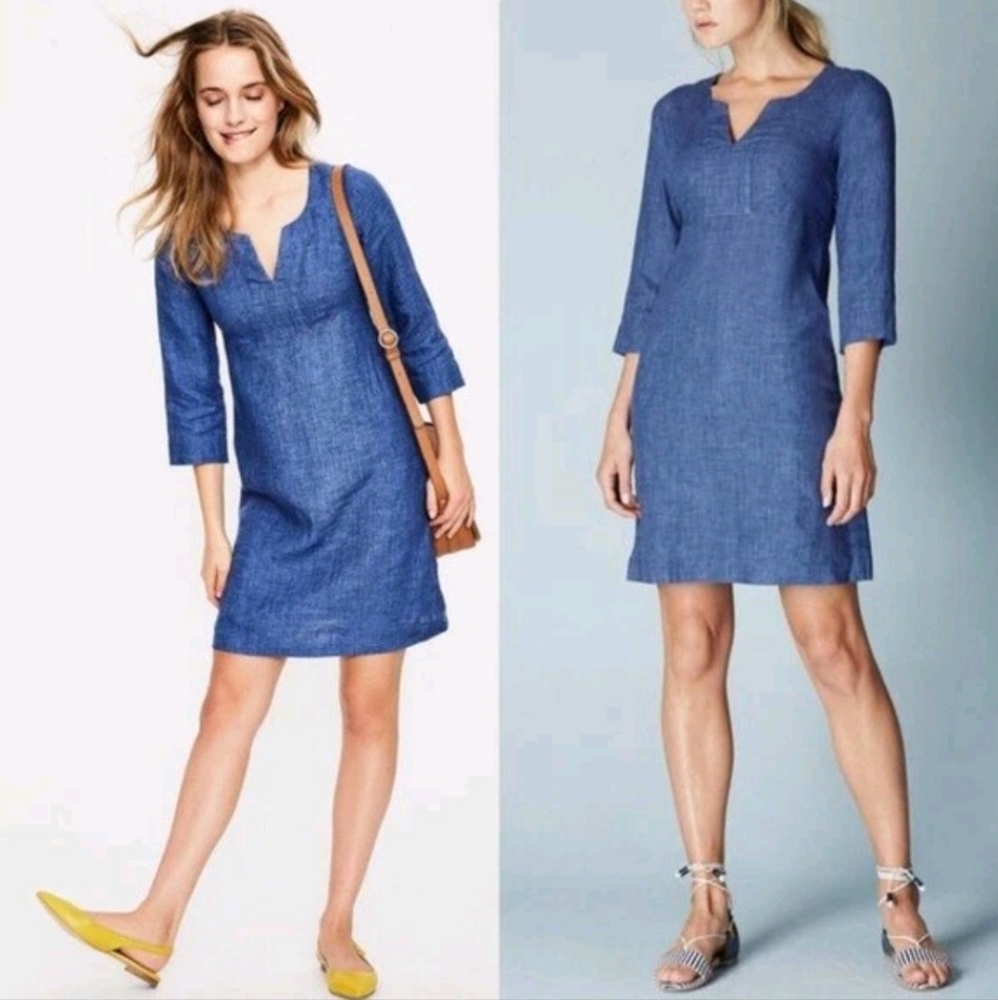 Boden 100% linen 3/4 sleeve navy chambray look tunic shift dress size 4 R